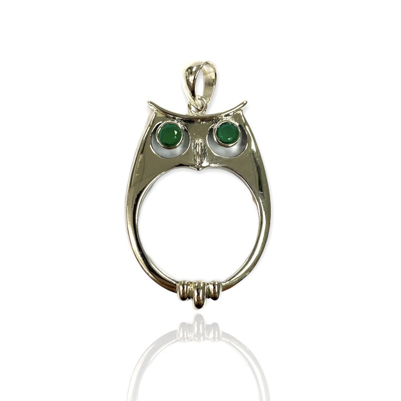 Victorian Style Owl & Emerald Magnifying Glass Loop Pendant 925 Sterling Silver - 其他 - 純銀 銀色