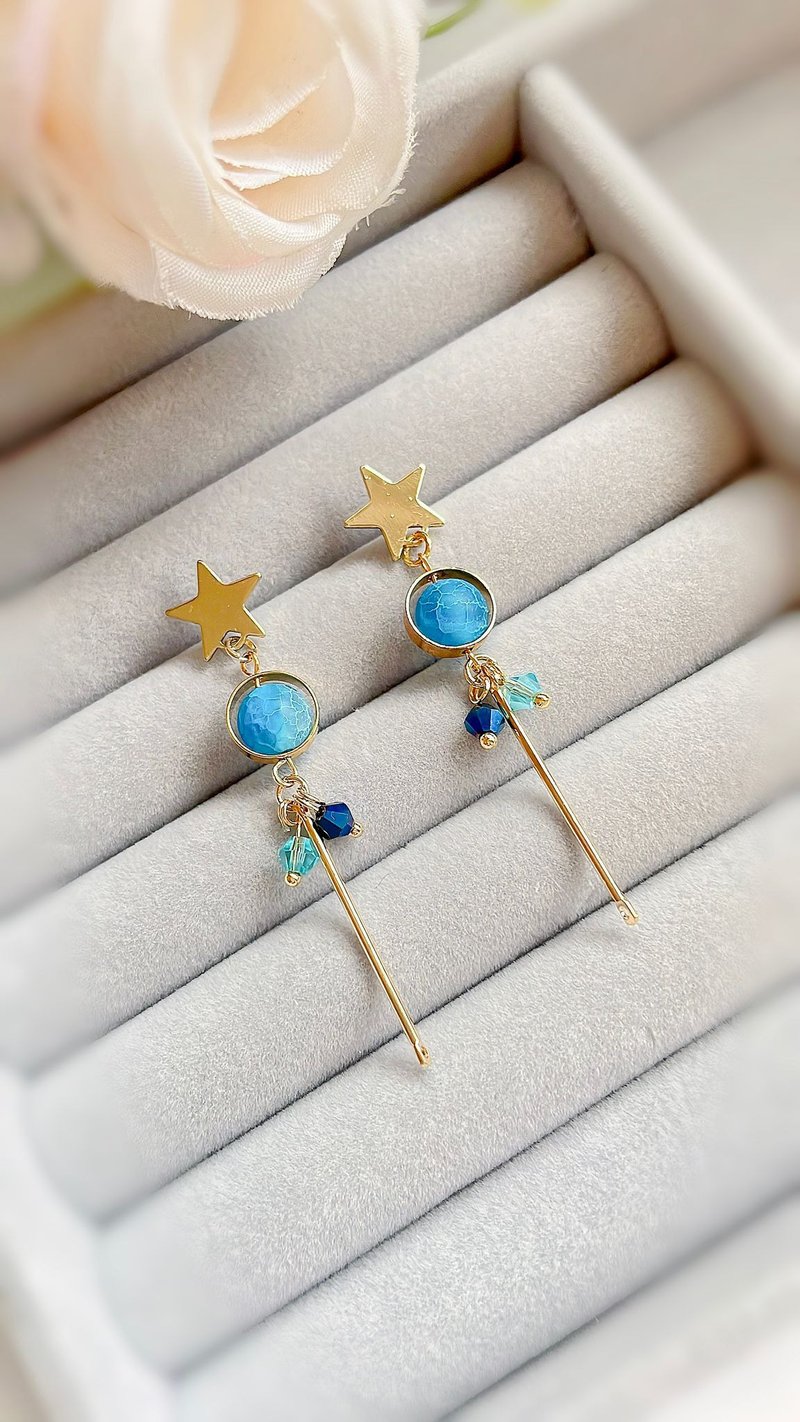 Natural Blue Agates Star Dangle Drop Gold Earrings - ต่างหู - เครื่องเพชรพลอย 