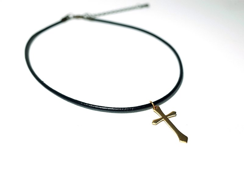 黃銅十字架 真皮頸鍊 - 項鍊 - 真皮 黑色