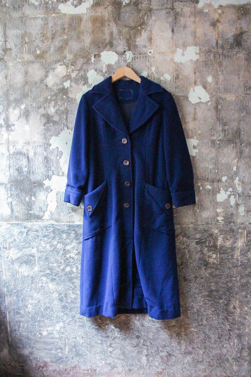裊裊百貨公司-Vintage 藍色毛呢大衣外套 復古著 - 女大衣/外套 - 其他人造纖維 