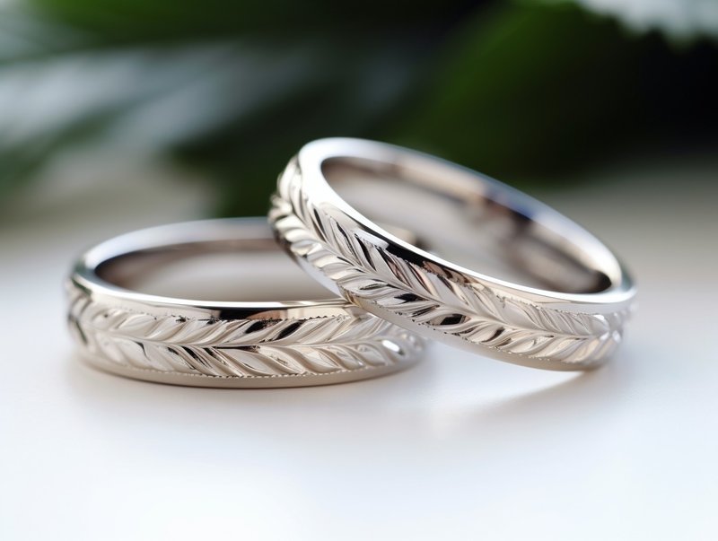 18K Leaf Shape Engraved Wedding Ring - แหวนคู่ - เครื่องประดับ สีเงิน