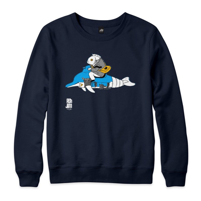 Fish Jam Dolphin Dada-Navy-Unisex University T - เสื้อยืดผู้ชาย - ผ้าฝ้าย/ผ้าลินิน สีน้ำเงิน