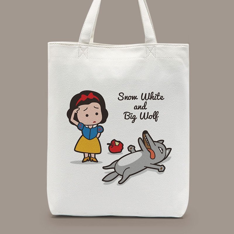 Snow White and Big Wolf shoulder canvas bag - กระเป๋าถือ - ผ้าฝ้าย/ผ้าลินิน ขาว