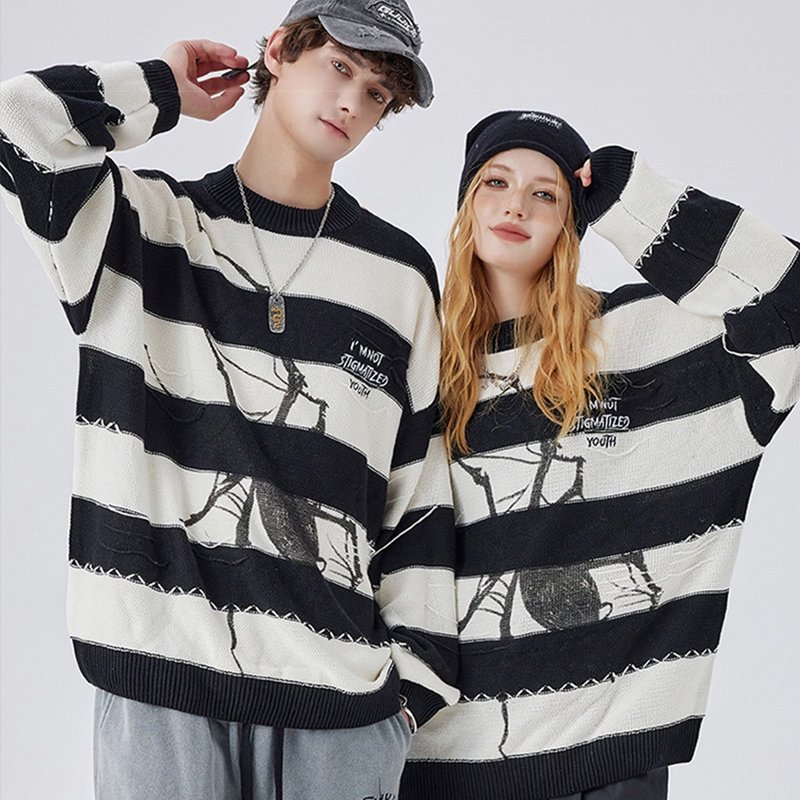 Couples striped spider sweater men and women lazy wind wool edge sweater - สเวตเตอร์ผู้ชาย - ผ้าฝ้าย/ผ้าลินิน 