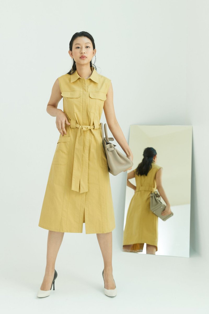 パーソナライズされたノースリーブネクタイドレス（イエロー） - ワンピース - コットン・麻 イエロー