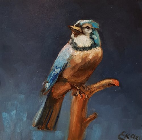 EkaArtGallery Blue Jay Painting Bird Art Animal Oil Original Painting Woodland Animal Artwork