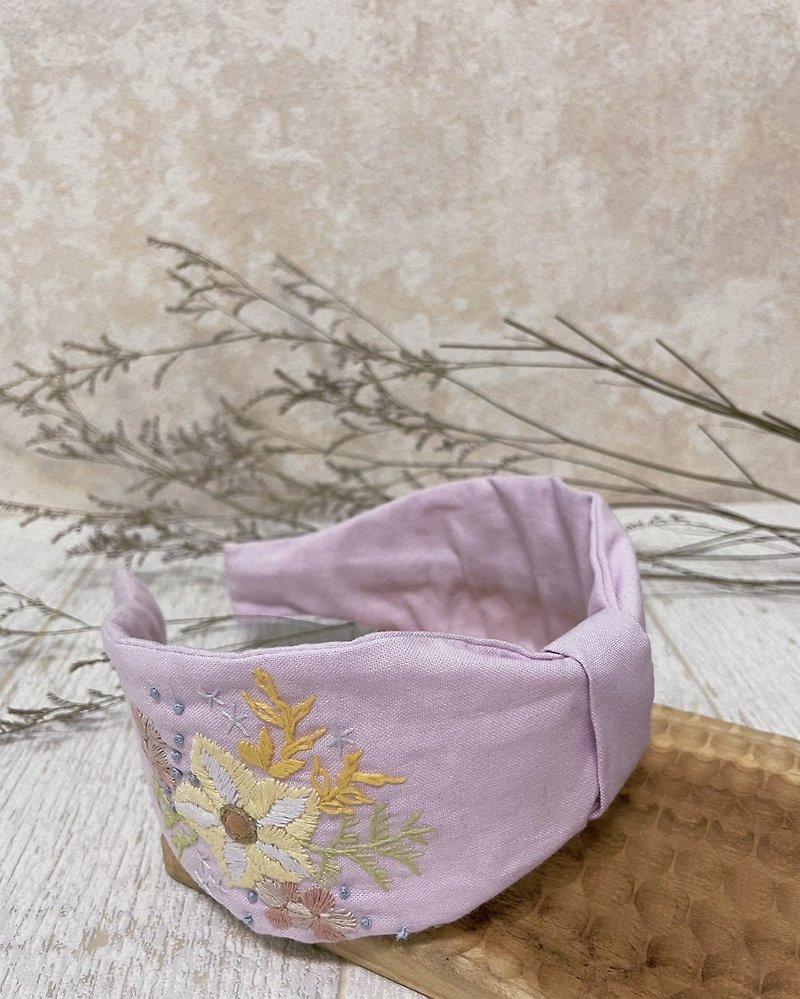 Embroidered headband - summer flowers (wide pink and purple) - Hair Accessories - Cotton & Hemp Multicolor