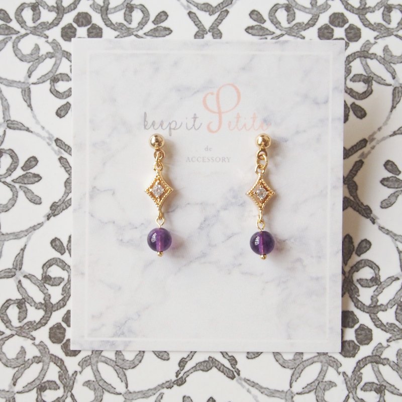 天然紫水晶 菱形鋯石 電鍍金色耳釘 耳環 生日禮物 - 耳環/耳夾 - 水晶 紫色