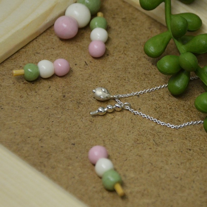 Japanese Confectionery-Three-color Meatballs & Rabbit Sterling Silver Necklace - สร้อยคอ - เงินแท้ ขาว