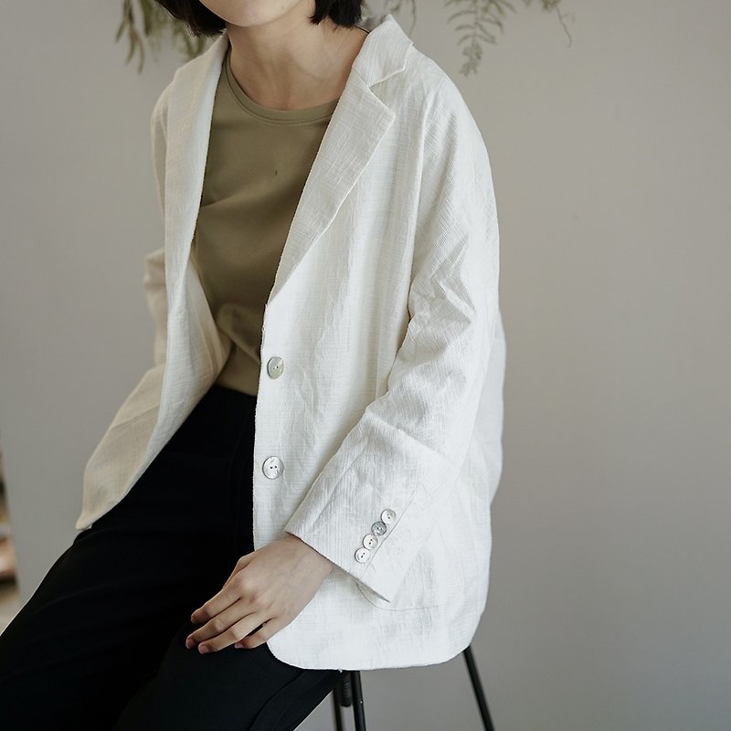 White | Like a dream French loose elegant cotton suit embroidered rags nine sleeves casual jacket - เสื้อแจ็คเก็ต - ผ้าฝ้าย/ผ้าลินิน ขาว