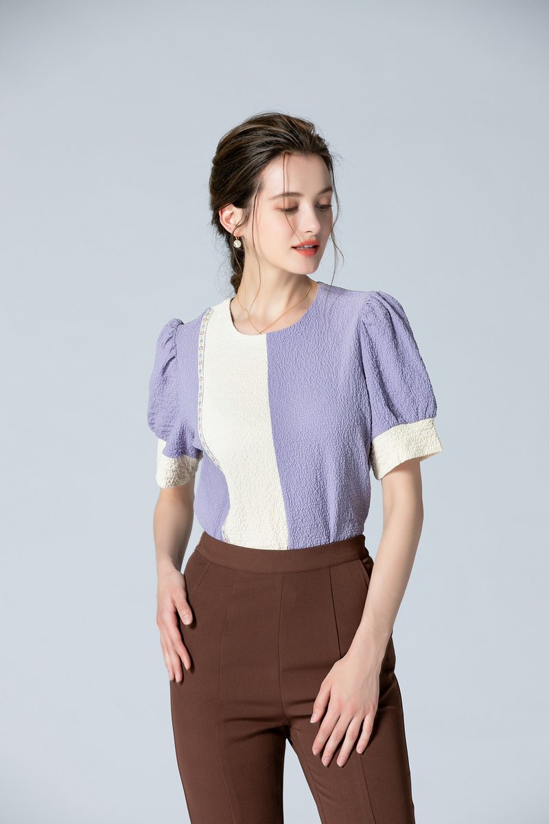 Simple style colorblock crew neck top/purple/unlined - เสื้อผู้หญิง - เส้นใยสังเคราะห์ สีม่วง
