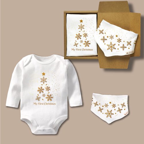 孩子陪你趣味童裝製造所 金色雪花聖誕樹 嬰兒禮盒2件組 長袖包屁衣+三角巾 寶寶 客製