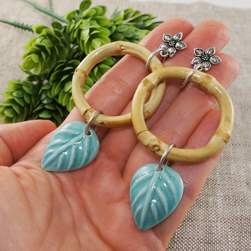 Mint Green Ceramic Leaf Earrings Large Long Beige Bamboo Hoop Earrings Jewelry - ต่างหู - วัสดุอื่นๆ สีเขียว