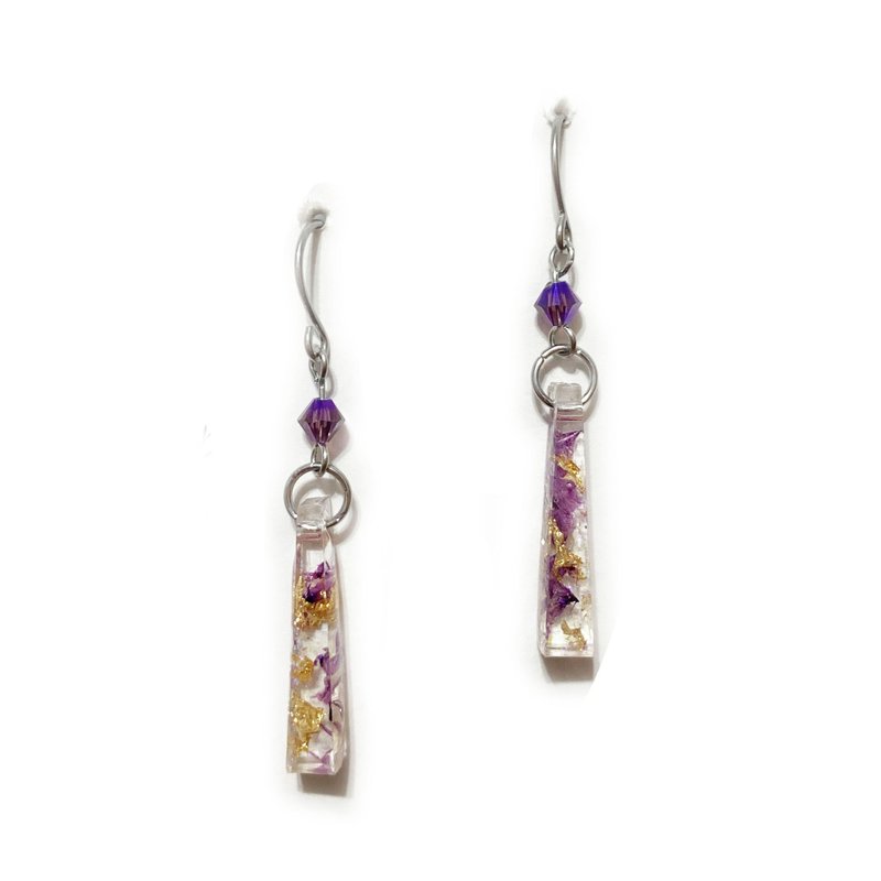 Dried Flowers Deep Purple Gypsophila Crystal Drop Earrings - ต่างหู - เรซิน สีม่วง