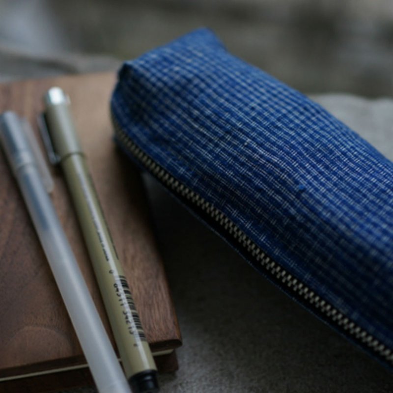 藍染土布 綠色格子 手織布文具收納鋼筆袋 顔料袋 可做化妝包 - 筆盒/筆袋 - 棉．麻 藍色