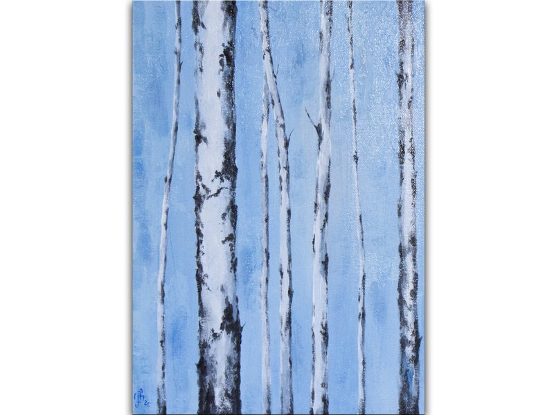 Birches Trees Painting White Tree on Blue Original Art Abstract Acrylic Painting - Posters - Other Materials Blue