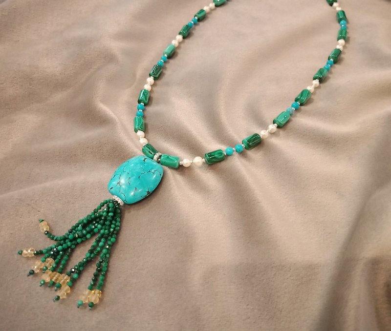 Natural turquoise and malachite fringed necklace - Couples' Rings - Semi-Precious Stones Green