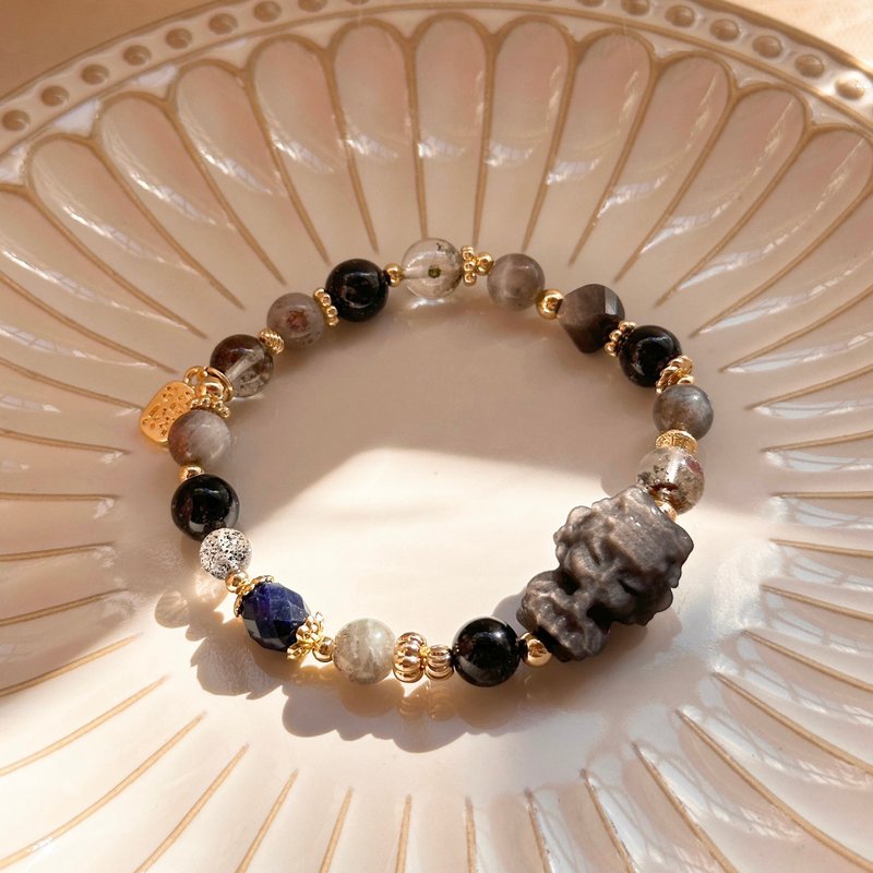 媽祖罩你 銀曜石 藍紋石 黑銅鈦 星輝骨幹 幽靈石 黑雲母 - 手鍊/手環 - 半寶石 黑色