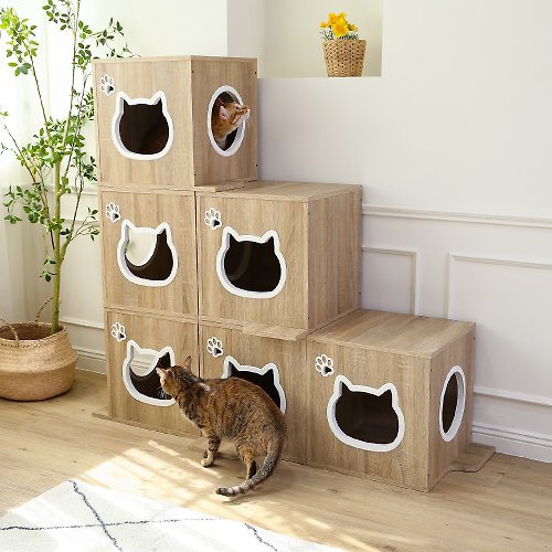 微慢生活館 【微慢】MIT可堆疊躲貓貓床頭收納方形邊櫃 貓屋 貓咪櫃 貓跳台