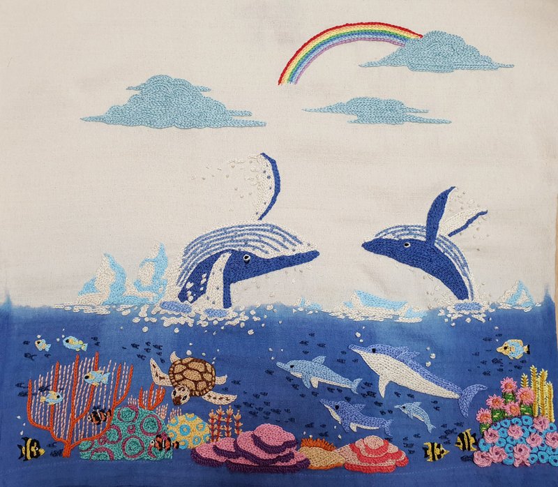 可愛的手工刺繡上衣、棉布、珊瑚、水下、海洋、大海 - 女上衣/長袖上衣 - 繡線 白色