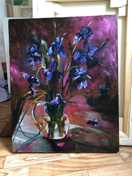 MyFoxyArt Iris painting Original canvas art Floral painting Purple Iris artwork Irises art