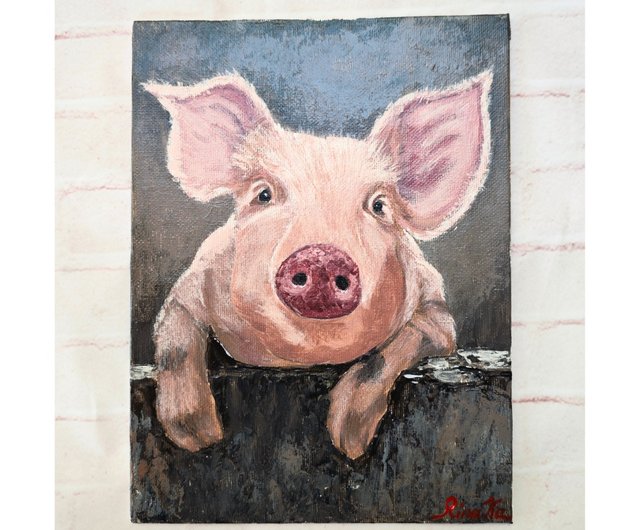 豚の肖像画動物絵画オリジナルアートユニークな壁装飾by RinaArtSK