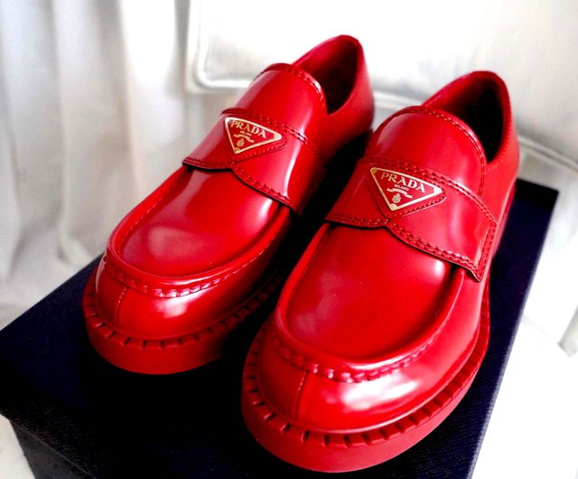 39位 シューズ PRADA 赤 本革 牛革 オックスフォードシューズ