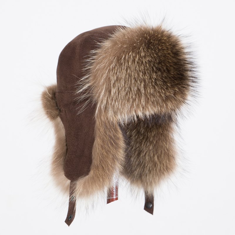 Ushanka Fur Hat Raccoon Fur Hat Unisex Real Fur Hat Trapper Hat Aviator Fur Hat - หมวก - ขนแกะ สีนำ้ตาล