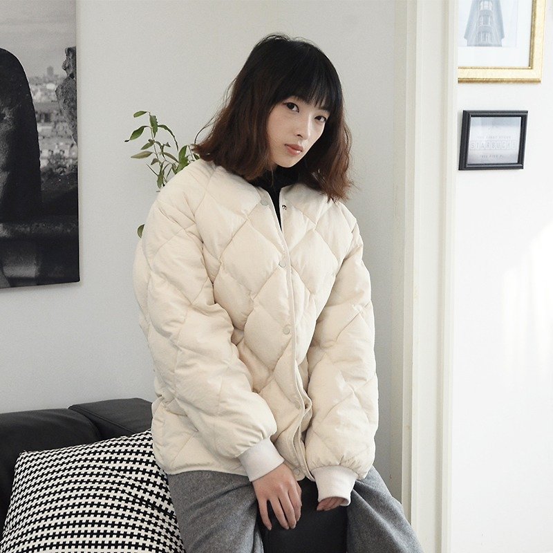 White Cotton Down Coat | polyester fiber + cotton | independent brand | Sora-81 - เสื้อแจ็คเก็ต - ผ้าฝ้าย/ผ้าลินิน ขาว