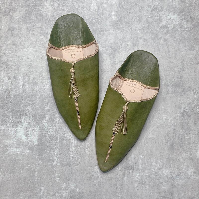 Moroccan balgha handmade shoes olive green tassels - Indoor Slippers - Genuine Leather Green