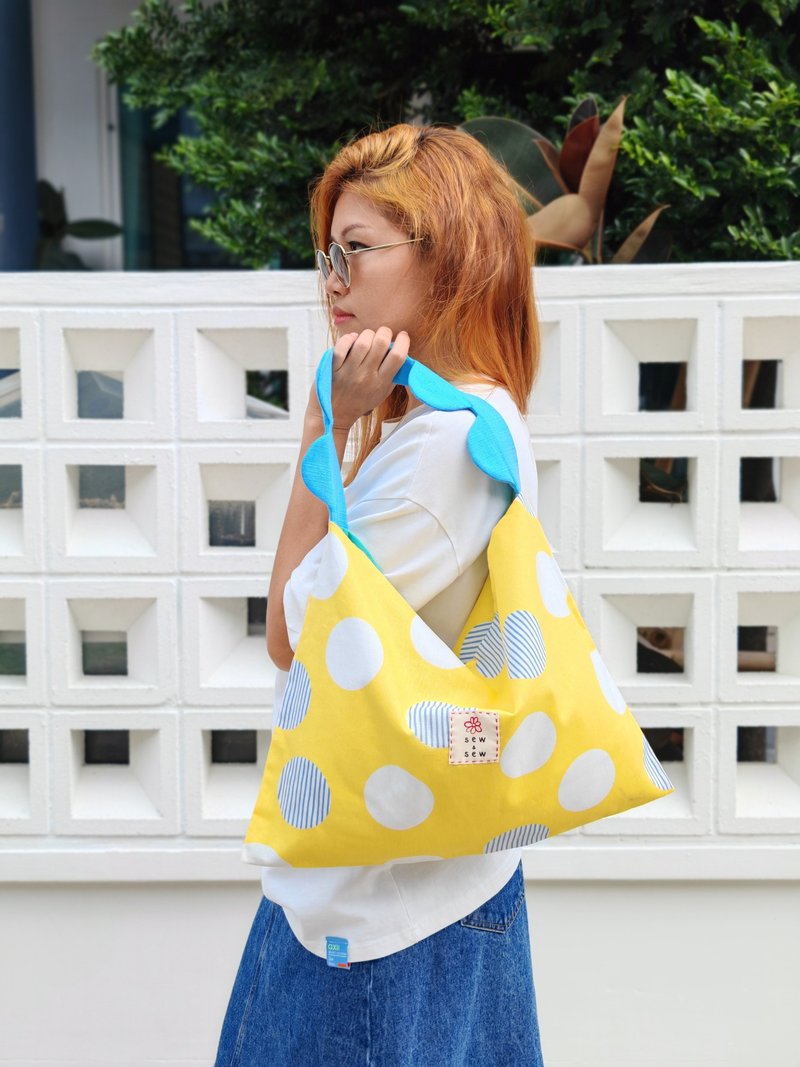 Yellow polka dot Japanese hobo bag with blue flower strap and reversible bag - Handbags & Totes - Cotton & Hemp Yellow