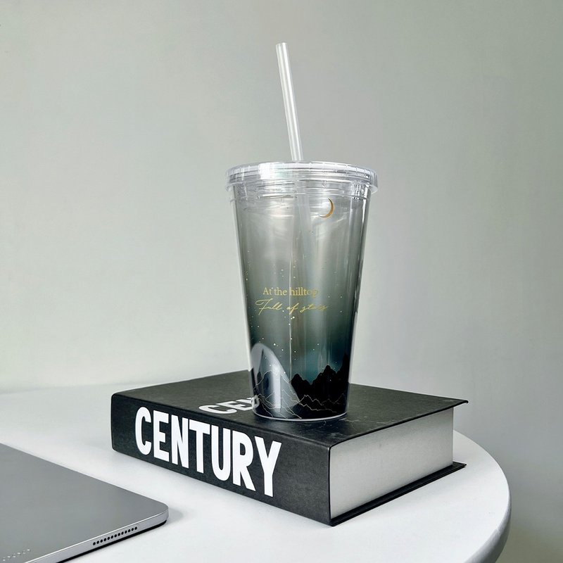 Night Sky Mountains 450ml accompanying cup with environmental protection straw - กระติกน้ำ - พลาสติก 