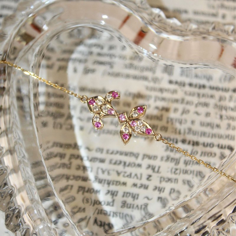 [Iris] 18K gold full of diamonds x pink sapphire iris bracelet diamond bracelet colored corundum - สร้อยข้อมือ - เครื่องประดับ สีทอง