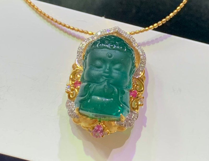 稀缺頂尖玻璃體藍綠碧璽寶寶佛 18k金完美鑲嵌 佛重3.05g - 吊飾/掛飾 - 寶石 