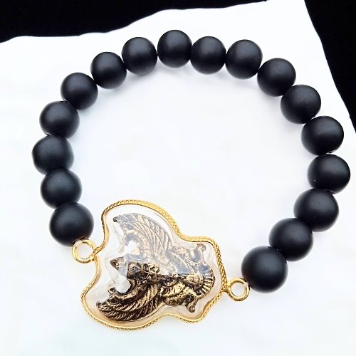 thip-jewelry Matt Black Onyx Bracelet with Garuda Pendant, Amulet Bracelet.
