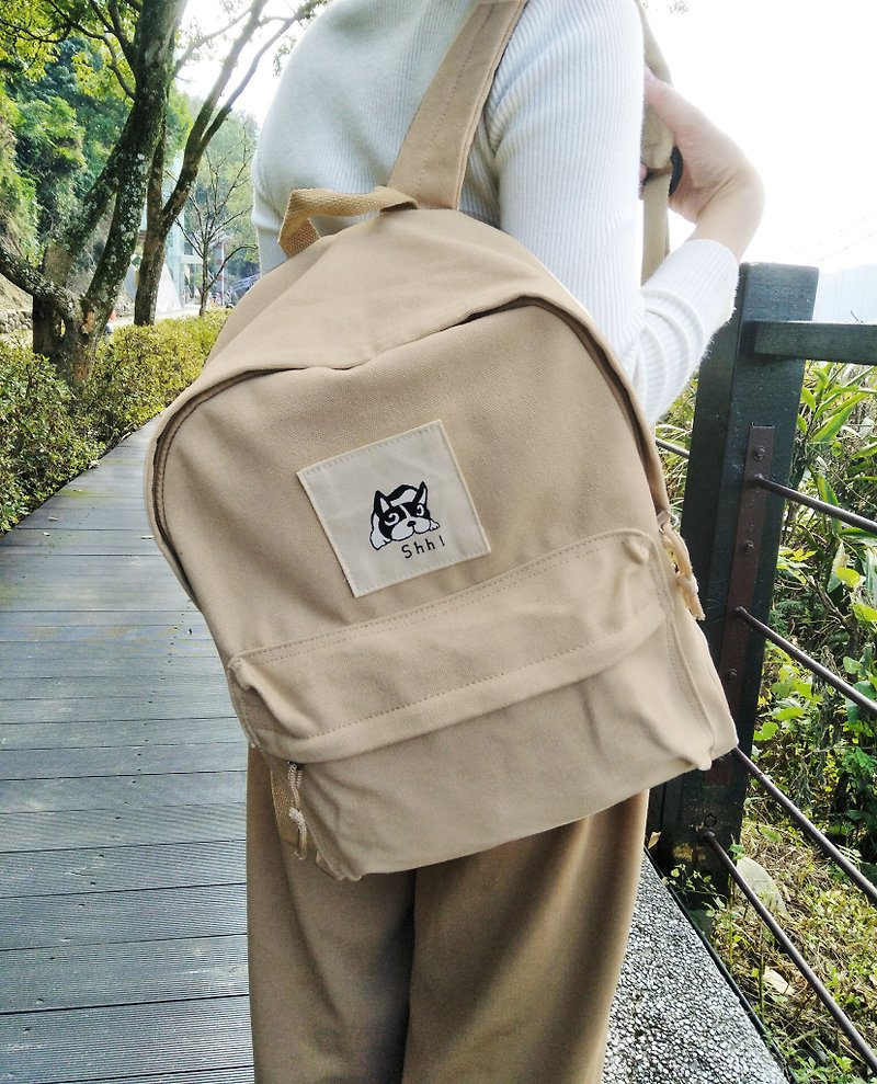 【Customized gift】Christmas gift Bulldog Shh! Canvas hand-painted sticker backpack - Backpacks - Cotton & Hemp Multicolor