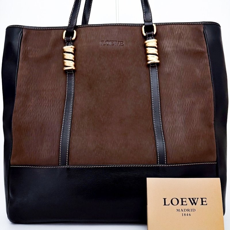 絕版中古包 Loewe蛇骨古董托特包 側背包 單肩包 皮革包 復古包 - 側背包/斜背包 - 真皮 黑色