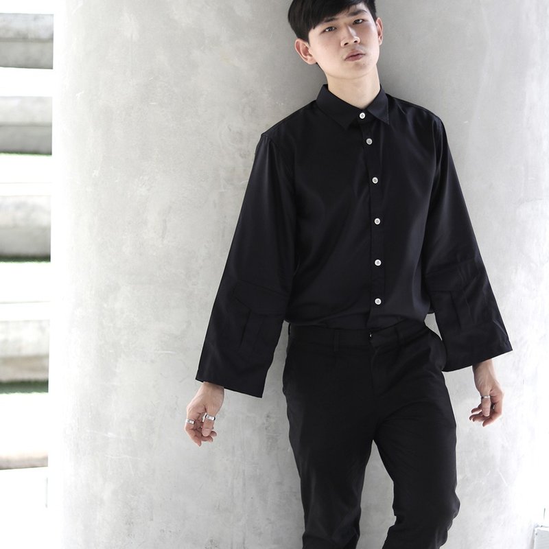 'Leonard' Wide Sleeve Shirt (Black) - 男襯衫/休閒襯衫 - 棉．麻 黑色