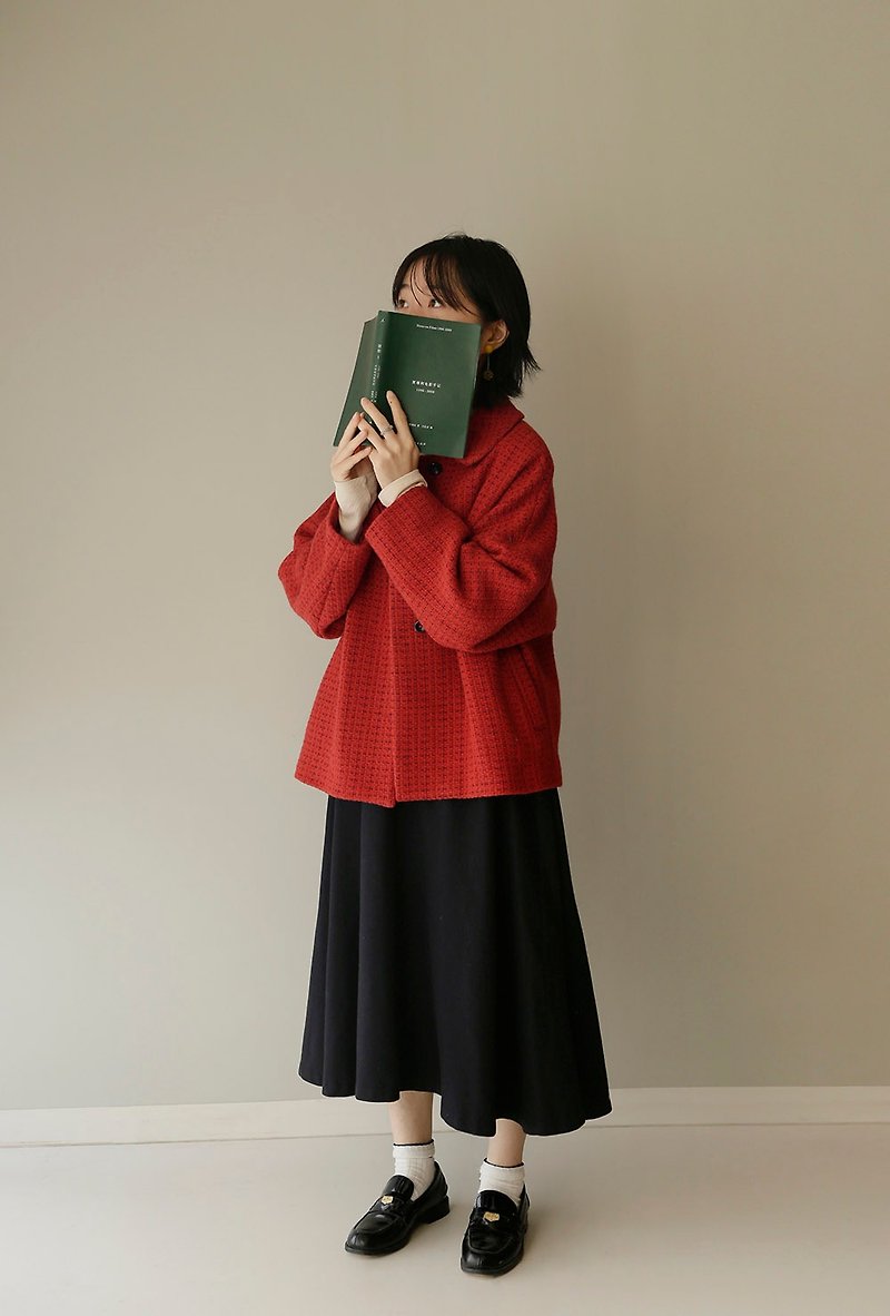 British-made tomato red wool chunky square-neck round-neck playful short coat - Women's Blazers & Trench Coats - Wool Red