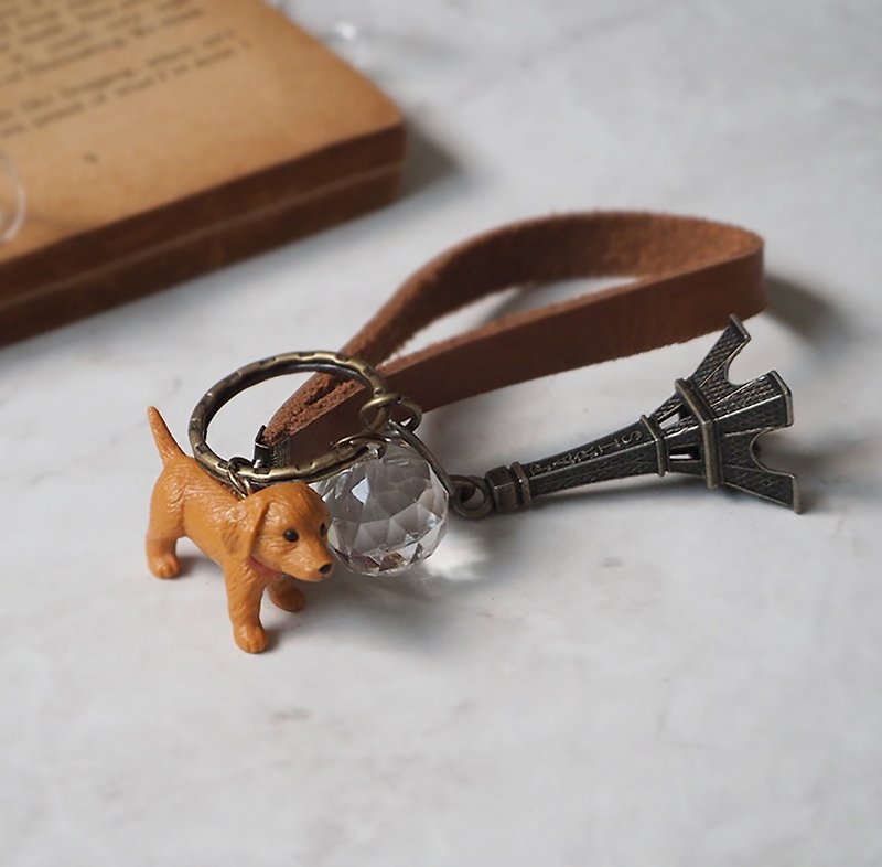 小動物樂園 臘腸狗 巴黎鐵塔 真皮皮革 鑰匙圈 P16 - 鑰匙圈/鎖匙扣 - 真皮 咖啡色