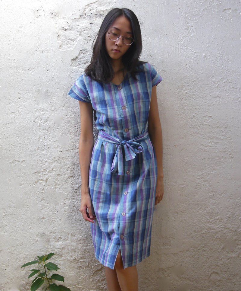 FOAK vintage violet gradient grid Bandage Dress - ชุดเดรส - ผ้าฝ้าย/ผ้าลินิน สีน้ำเงิน