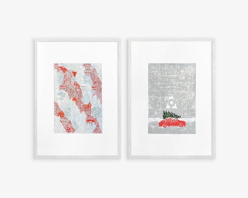Gallery wall set of 2 Christmas tree Car art Winter forest red houses White snow - โปสเตอร์ - กระดาษ สีแดง