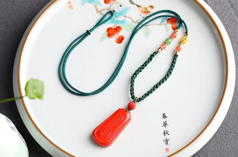 Natural ore cinnabar boutique red sand bamboo pendant sweater chain link high rise bamboo report safety - สร้อยคอ - เครื่องเพชรพลอย 