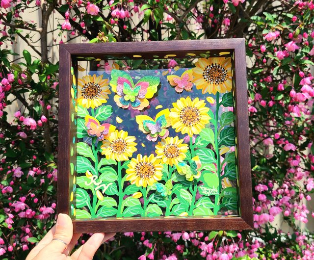 受注生産/ひまわりと蝶々】 透明アート 影絵 インテリア 花 夏