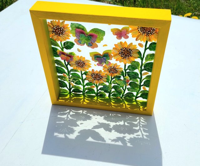 受注生産/ひまわりと蝶々】 透明アート 影絵 インテリア 花 夏