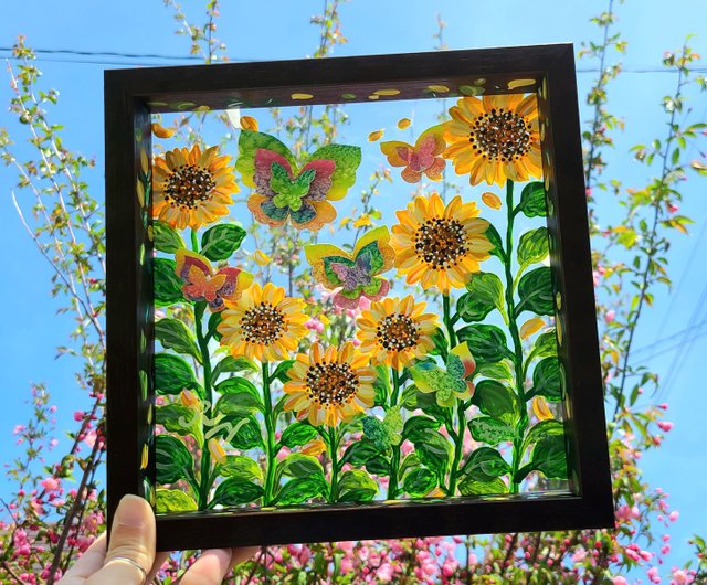 受注生産/ひまわりと蝶々】 透明アート 影絵 インテリア 花 夏