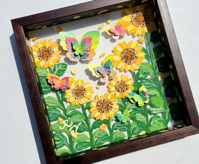 受注生産/ひまわりと蝶々】 透明アート 影絵 インテリア 花 夏