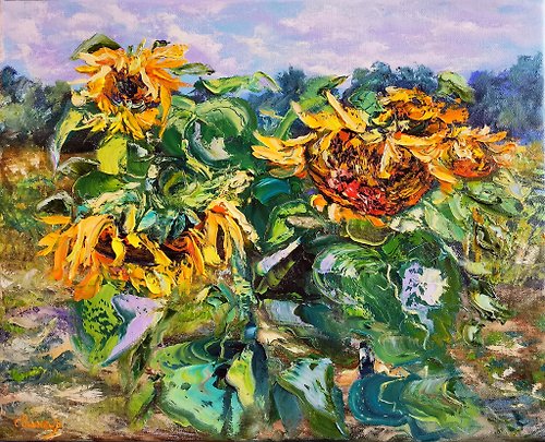 Original oil painting artist Svinar Oksana Oil Painting Field Sunflowers Landscape Impasto Original Artist Svinar Oksana