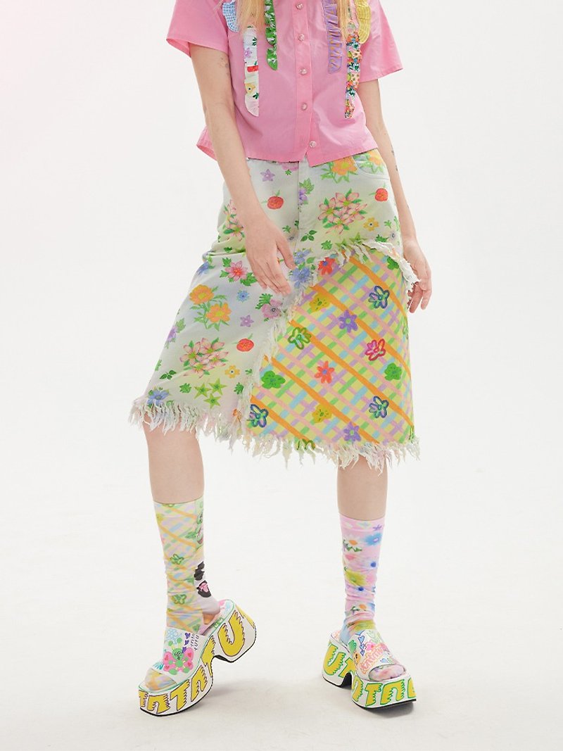 A-line high-waist fringed printed skirt with patchwork floral and floral check - Skirts - Other Materials Multicolor