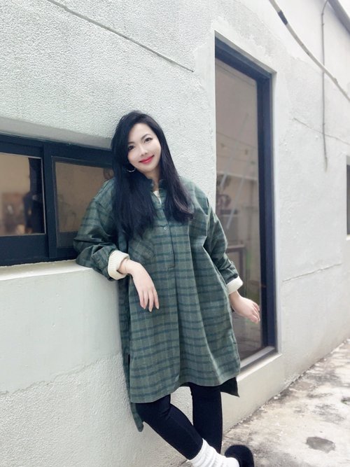河水山 60s-70s Europe pull over shirt墨軍綠 歐洲法蘭絨格紋長版襯衫